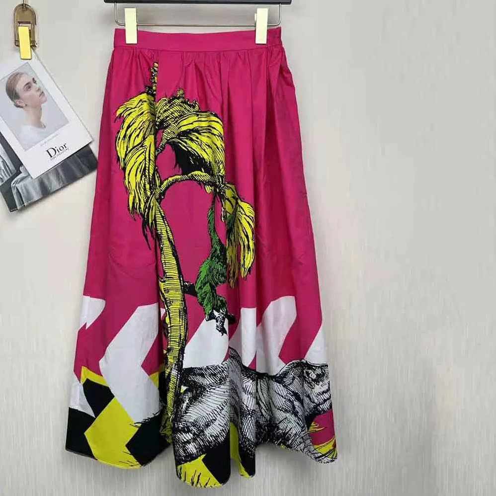 Dior Mid-Length Pleated Skirt Pink Cotton Poplin with Multicolor D for Women in Tiger Pop Motif