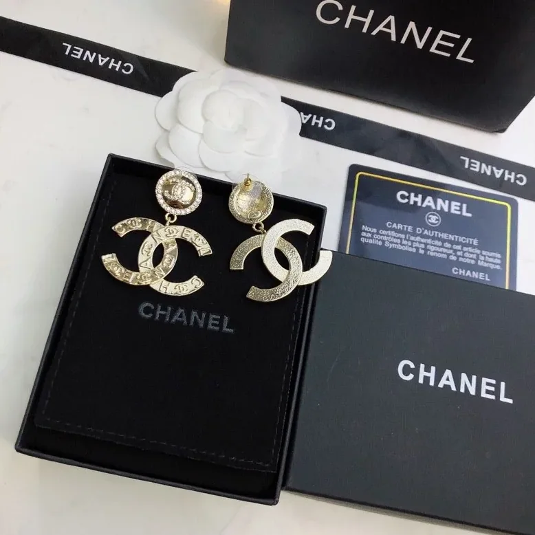 Chanel Engraved Pattern Douple C Earrings Gold Tone Chanel Engraved Pattern Douple C Earrings Gold Tone