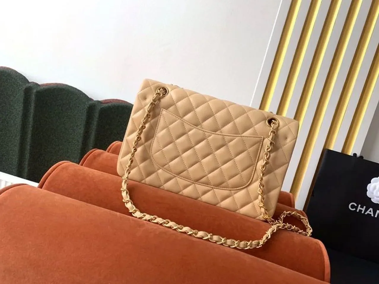 Chanel Classic Double Flap Bag Medium Crossbody in Beige Gold Hardware
