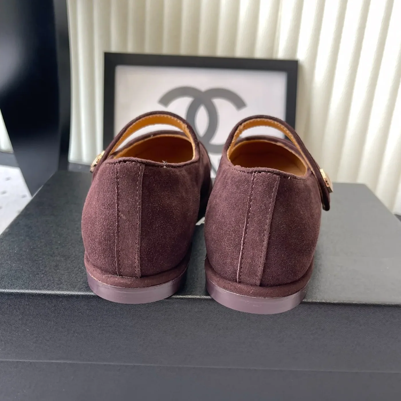 Chanel Mary Jane Flats Burgundy Suede