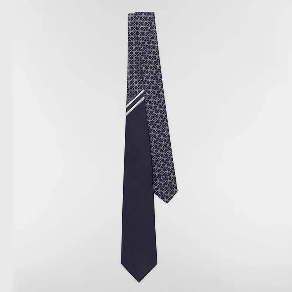 Dior Striped Cannage Tie Navy Blue Gray and White Silk for Men