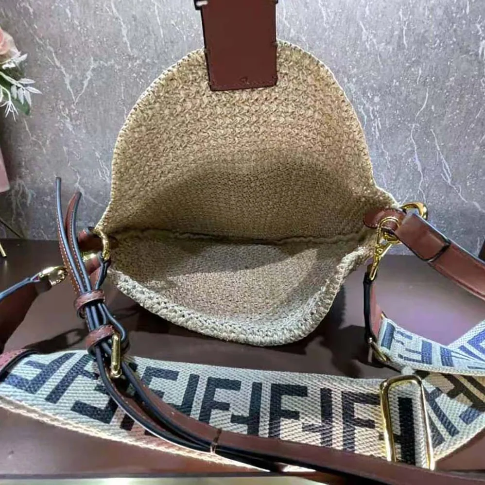 Fendi Small Croissant Woven Straw Bag for Women in Beige