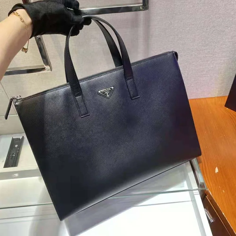 Prada Saffiano Leather Tote with a Crosshatch Pattern and Wax Finish for Men in Black