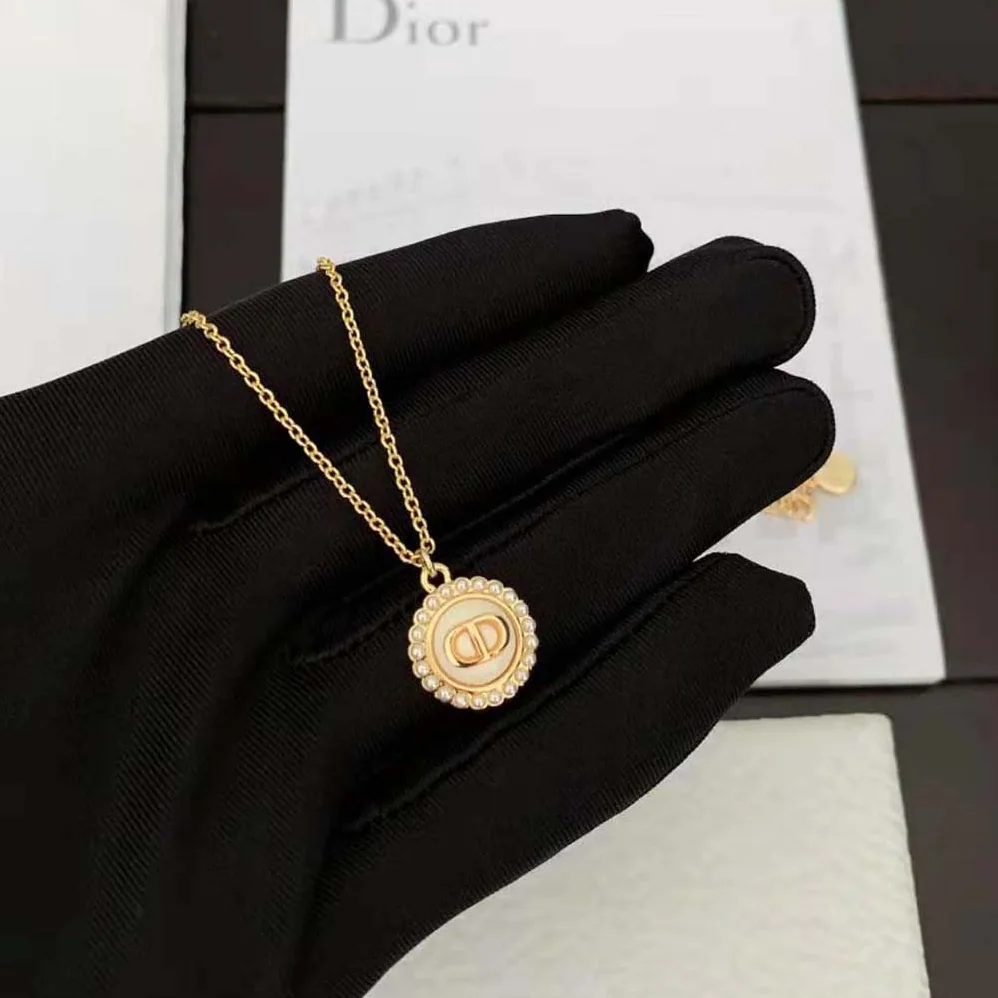 Dior Petit CD Necklace Gold-Finish Metal with White Resin Pearls and Black Glass for Women