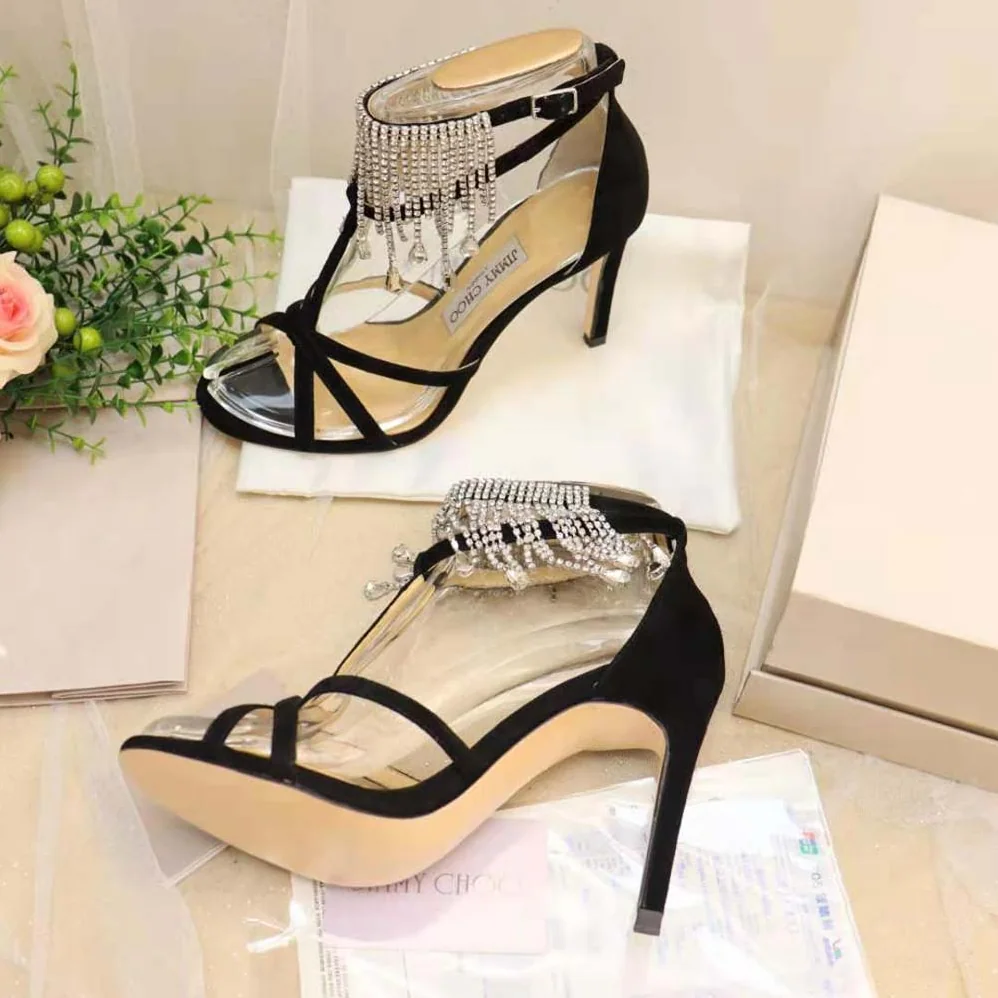 Jimmy Choo Bijou 100 Black Suede Sandals with Crystal Drape for Women