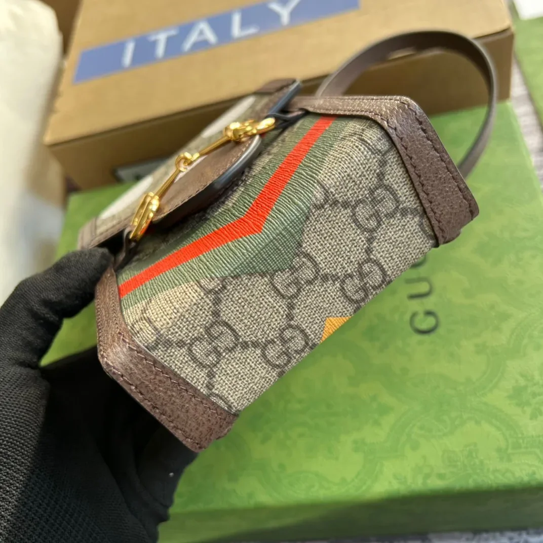 Gucci Horsebit 1955 Mini Bag / Beige/ Ebony GG Supreme Canvas With Geometric Print Gucci Horsebit 1955 Mini Bag / Beige/ Ebony GG Supreme Canvas With Geometric Print