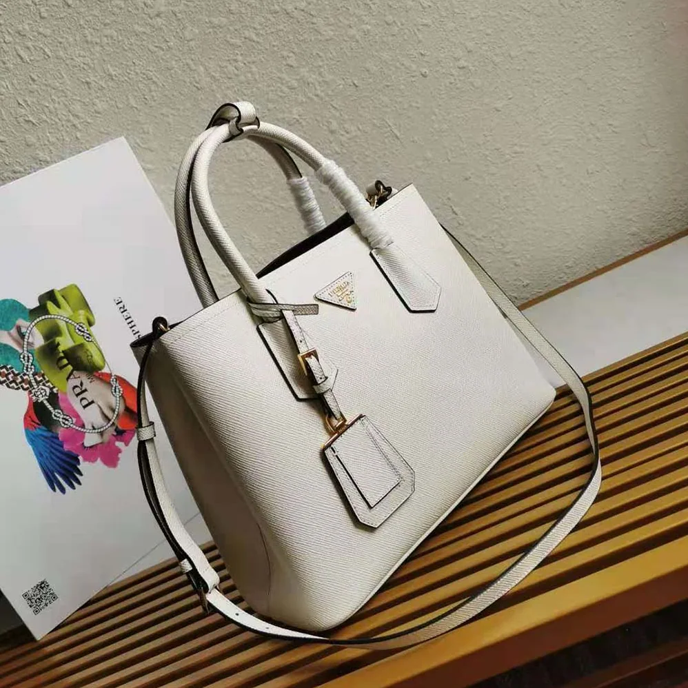 Prada Small Saffiano Leather Double Prada Bag for Women in White