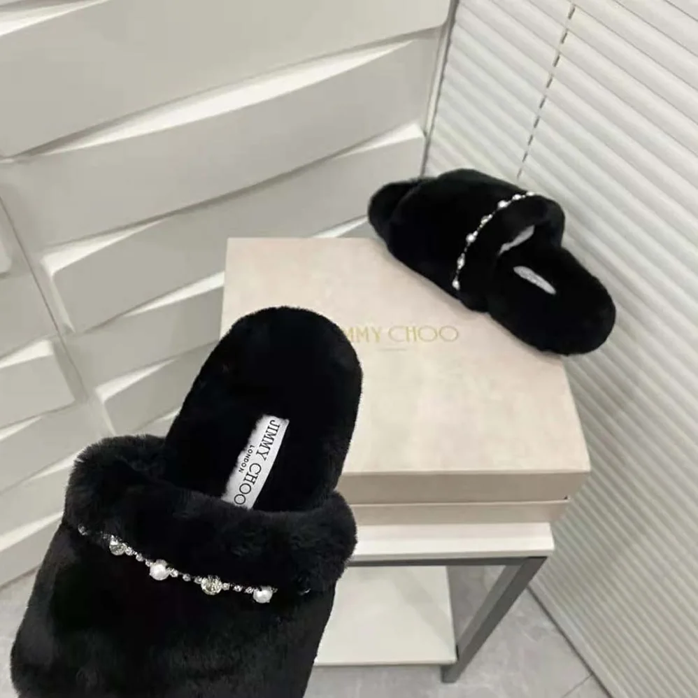Jimmy Choo Acinda Slipper Black Shearling Slippers with Crystal and Pearl Detailing for Women