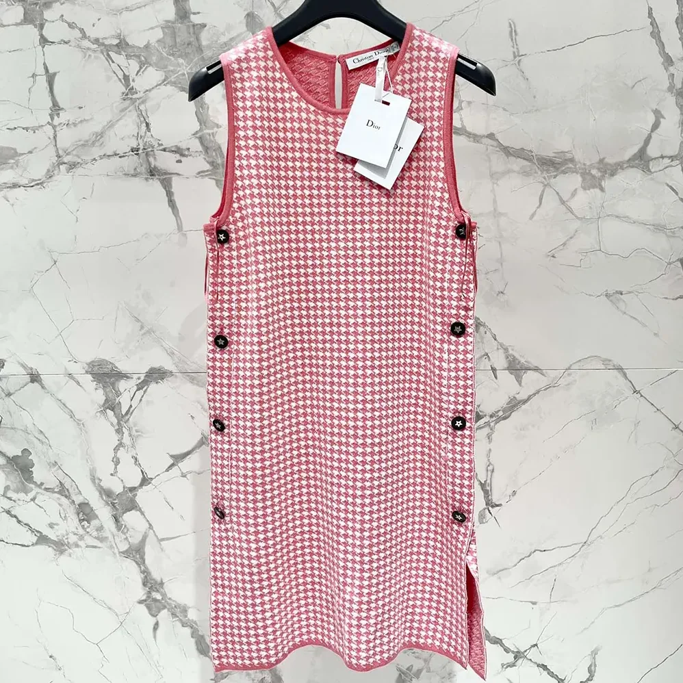 Dior Dioriviera Short Straight Dress White and Candy Pink Houndstooth Technical Knit for Women Dior Dioriviera Short Straight Dress White and Candy Pink Houndstooth Technical Knit for Women