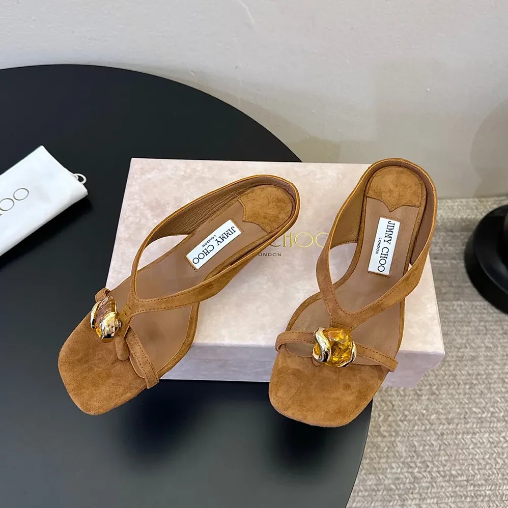 Jimmy Choo Emeri Stone 35 Tan Suede Sandals with Stone Detail for Women