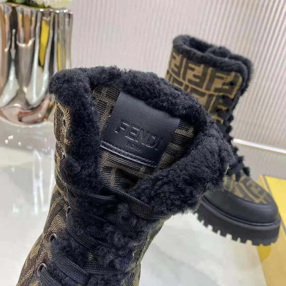 Fendi Signature Biker Boots Black Leather Biker Boots with FF Fabric for Women