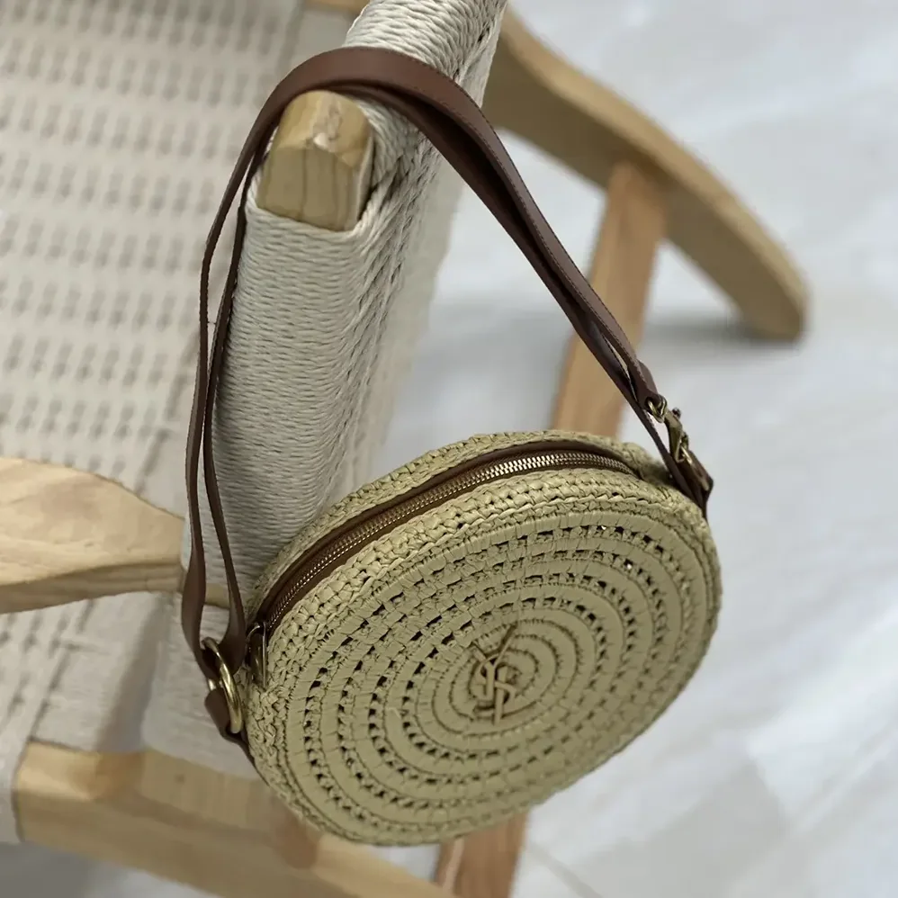 Saint Laurent YSL Round Bag in Raffia and Vegetable for Women in Tanned Leather Saint Laurent YSL Round Bag in Raffia and Vegetable for Women in Tanned Leather