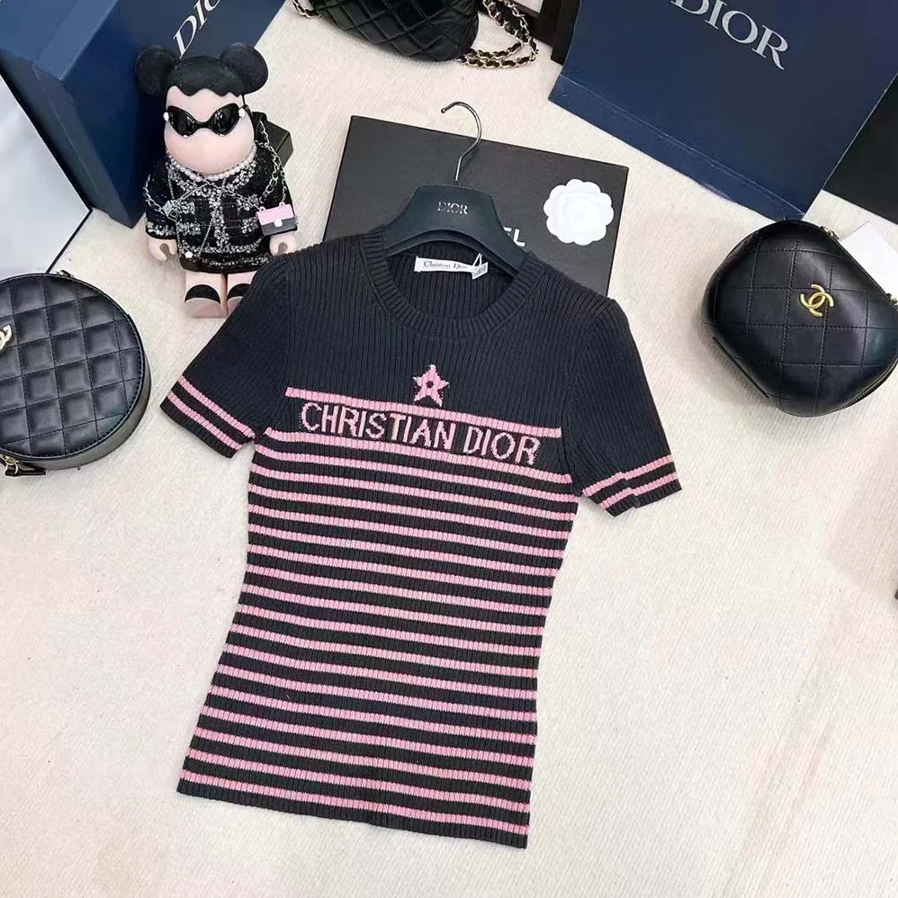 Dior Dioriviera Short-sleeved Sweater Gray and Pink Cotton Knit with Signature for Women Dior Dioriviera Short-sleeved Sweater Gray and Pink Cotton Knit with Signature for Women