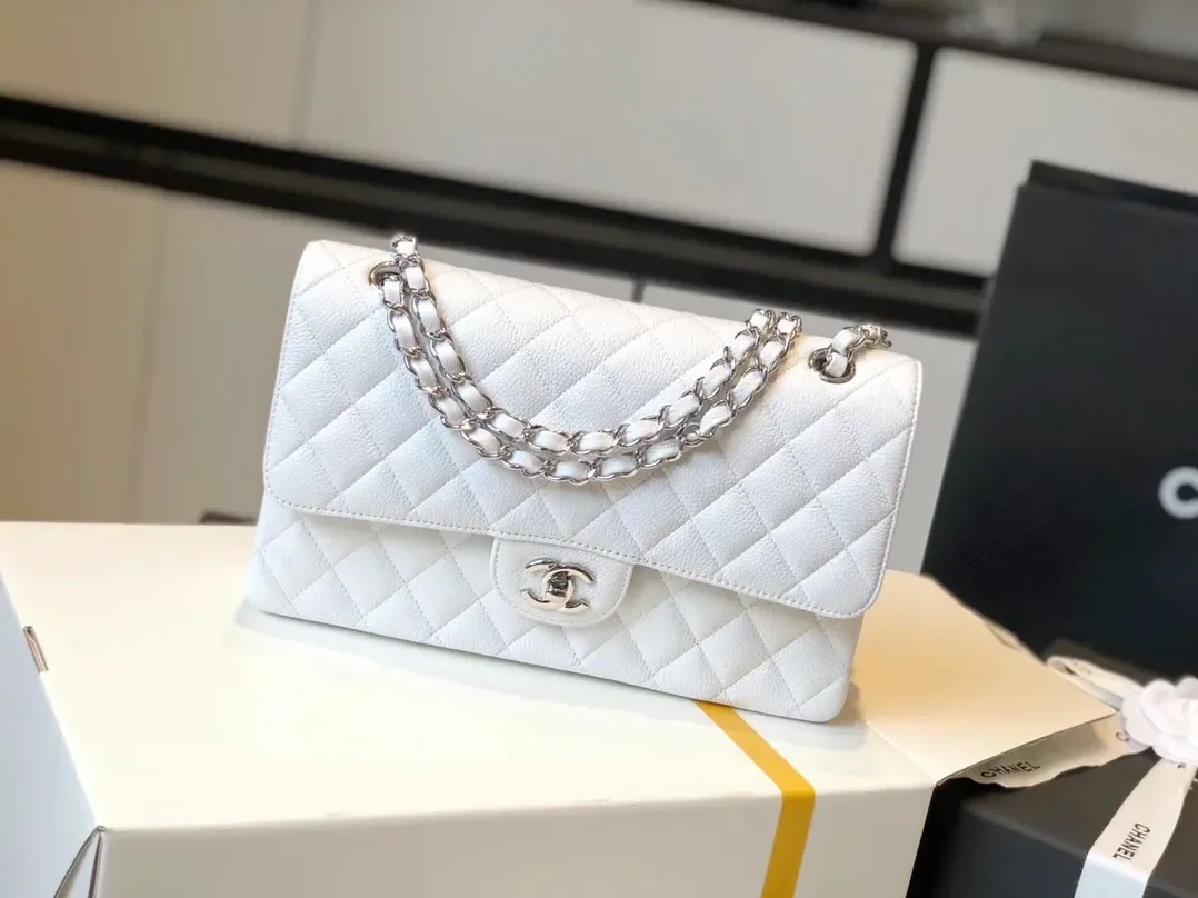 Chanel Classic Flap Bag Medium Crossbody in White Silver Hardware Chanel Classic Flap Bag Medium Crossbody in White Silver Hardware
