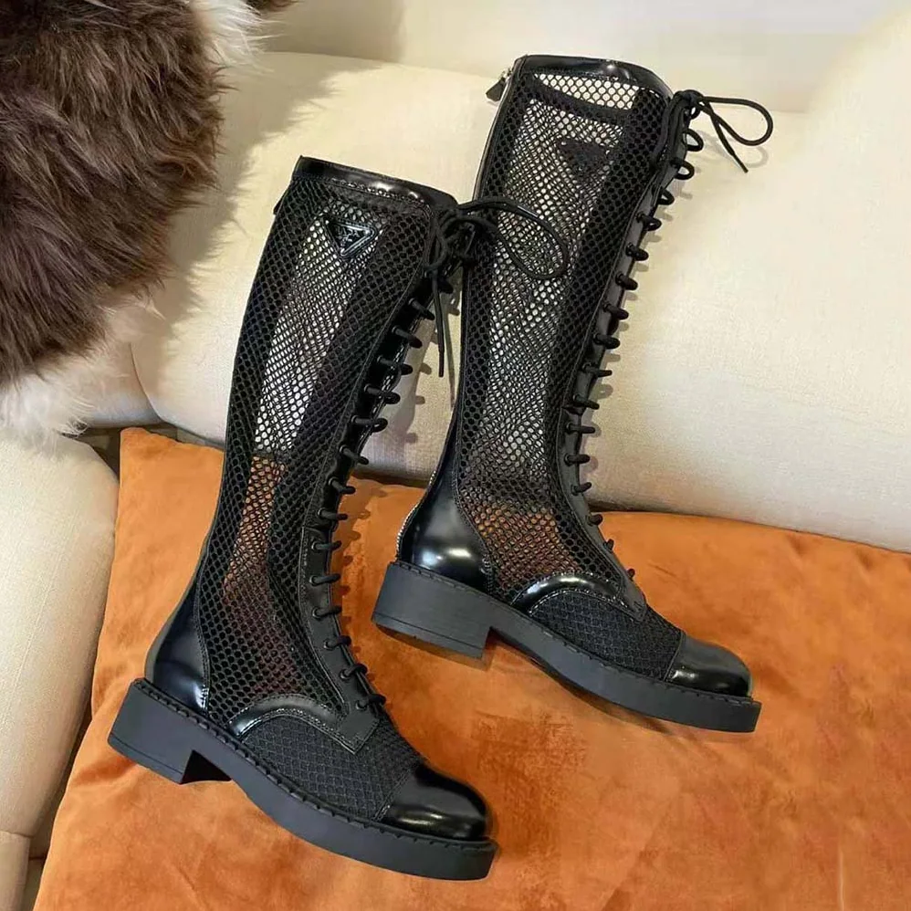 Prada Brushed Leather and Mesh Boots for Women in Black