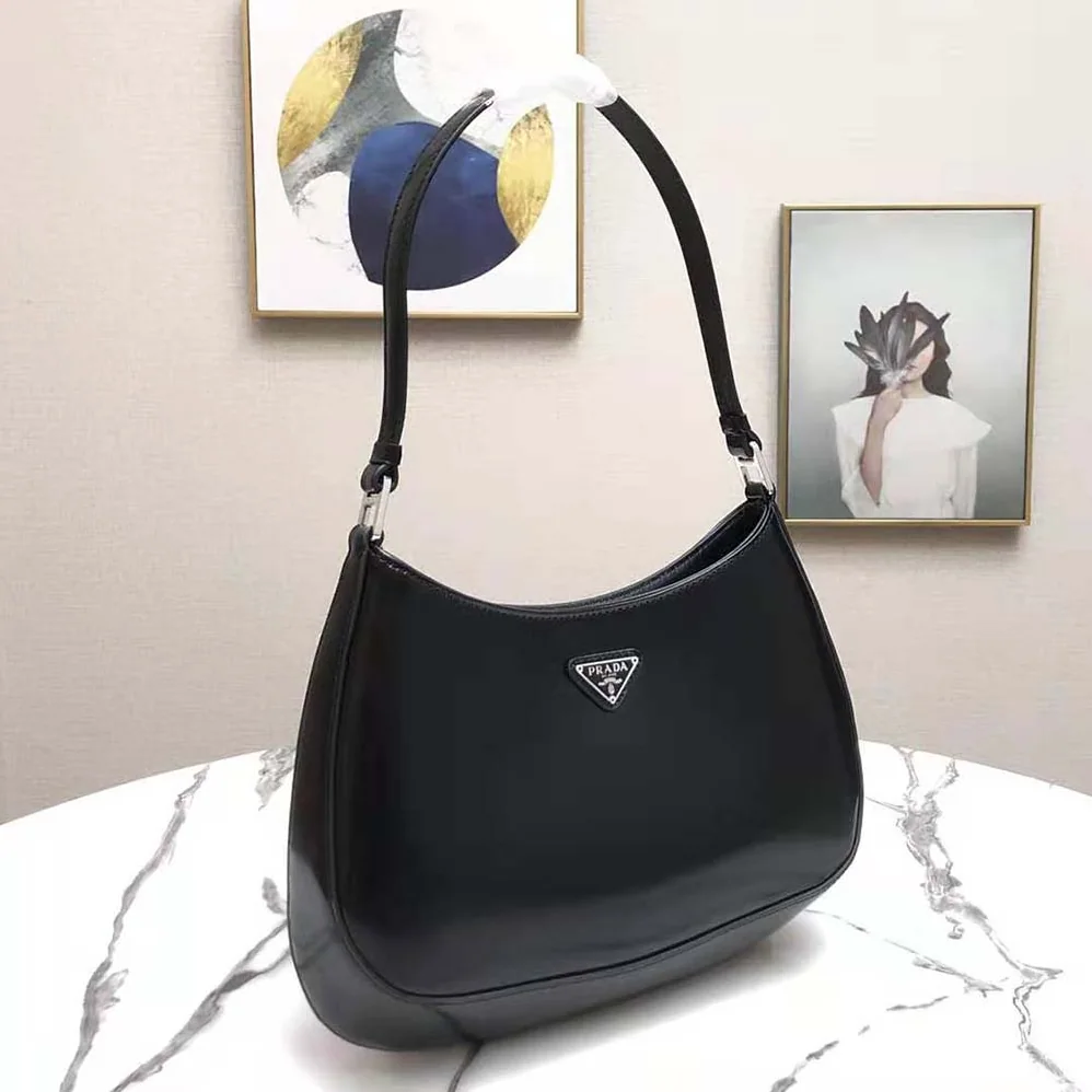 Prada Cleo Brushed Leather Shoulder Bag in Black
