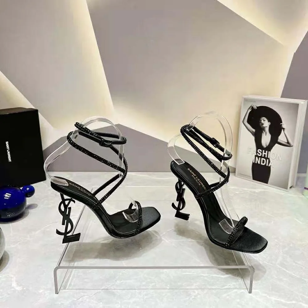 Saint Laurent YSL Opyum Sandals in Crepe Satin and Rhinestones for Women