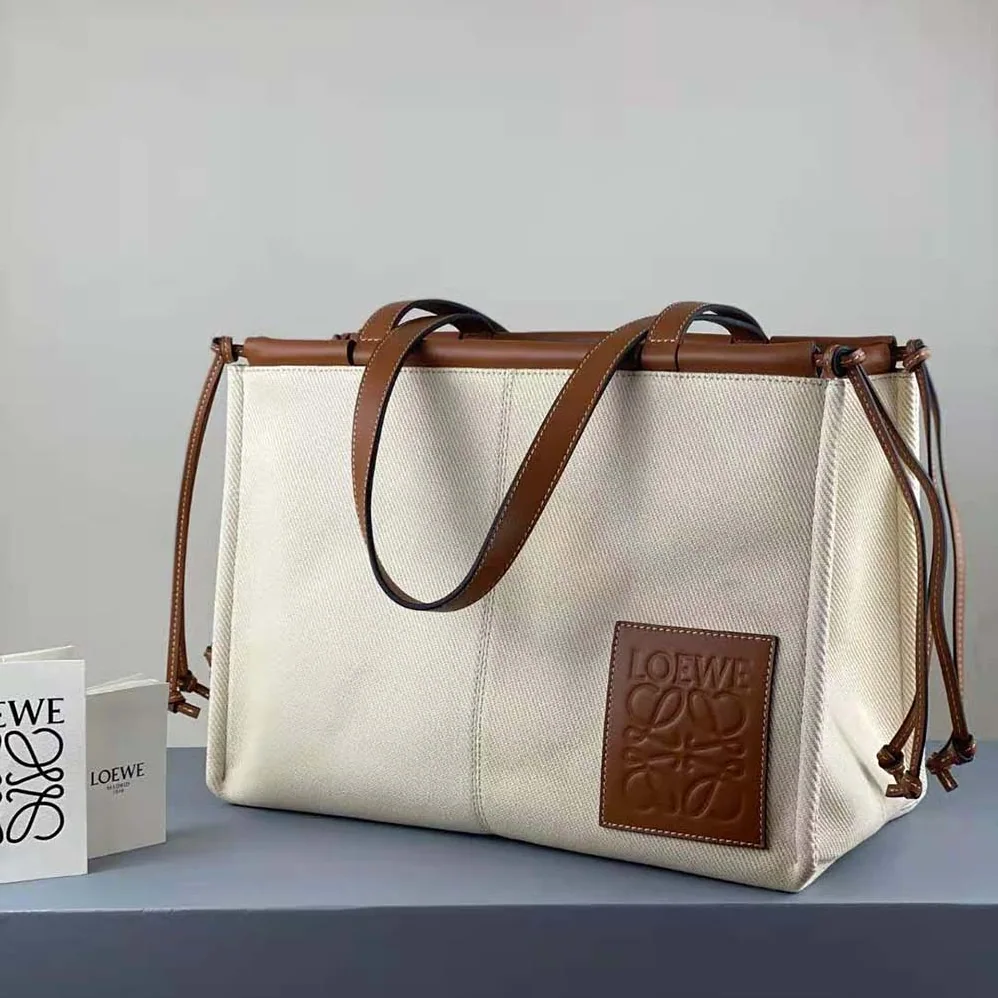 Loewe Cushion Tote Bag in Canvas and Calfskin for Women in Brown