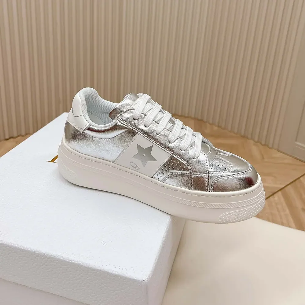 Dior Star Platform Sneaker Silver-Tone Crinkled-Effect Lambskin and White Calfskin for Women