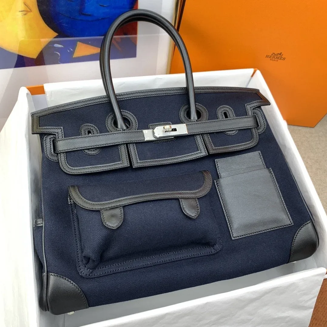 Hermes Birkin Cargo 35 Top Handle Bag in Navy Blue Silver Hardware Hermes Birkin Cargo 35 Top Handle Bag in Navy Blue Silver Hardware