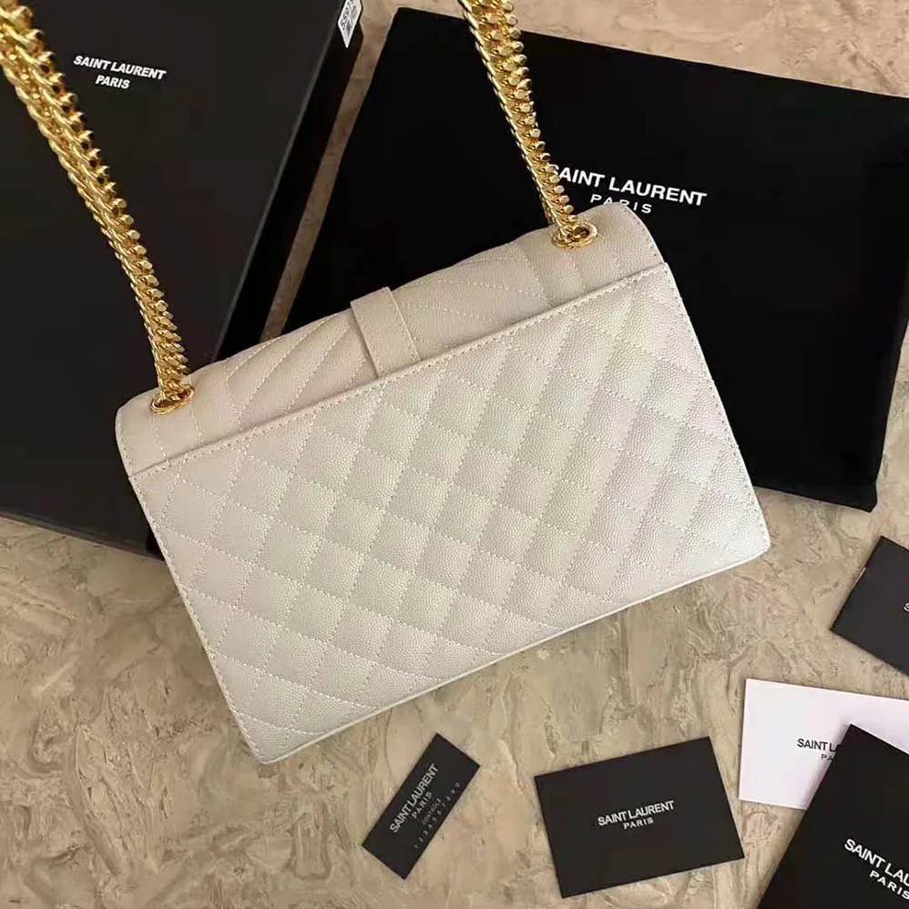 Saint Laurent YSL Envelope Medium Bag in Mix Matelasse Grain DE Poudre Embossed Leather for Women in White