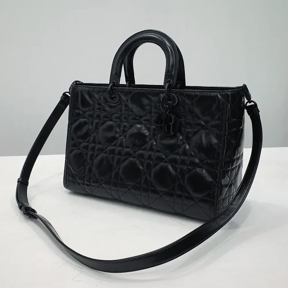 Dior Large Lady D-Sire Bag Black Macrocannage Crinkled Calfskin for Women