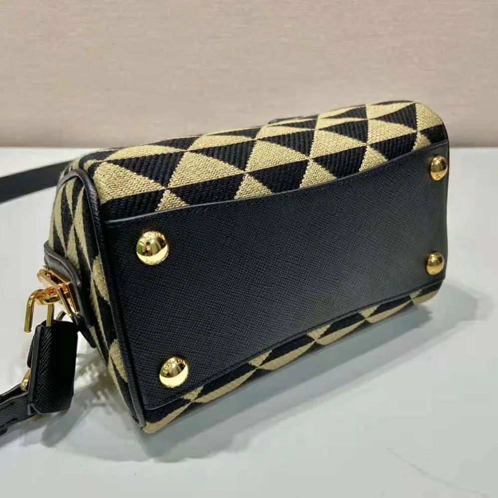 Prada Symbole Embroidered Jacquard Fabric Top-Handle Bag for Women in Black