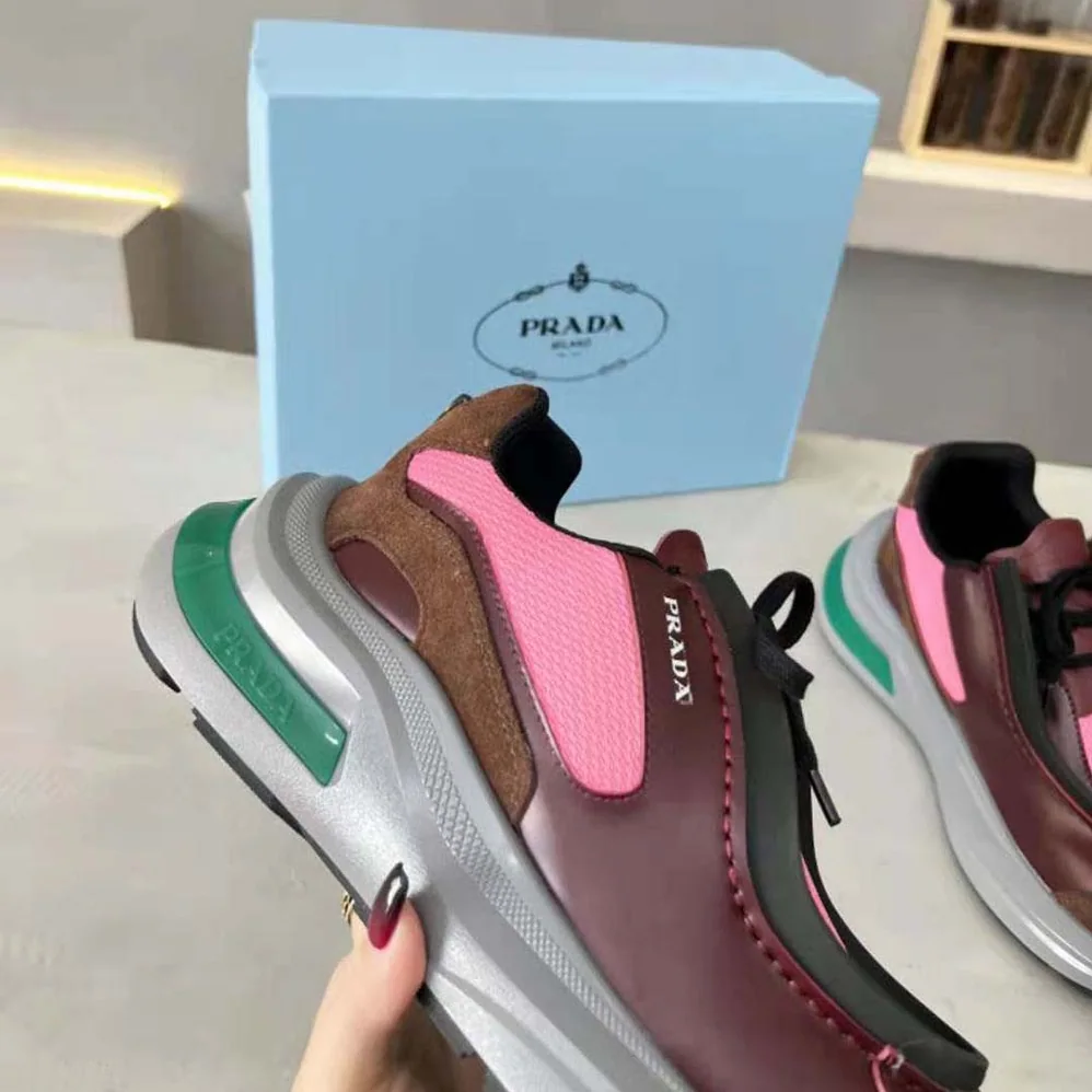 Prada Brushed Leather Sneakers with Bike Fabric and Suede Elements for Men in Pink