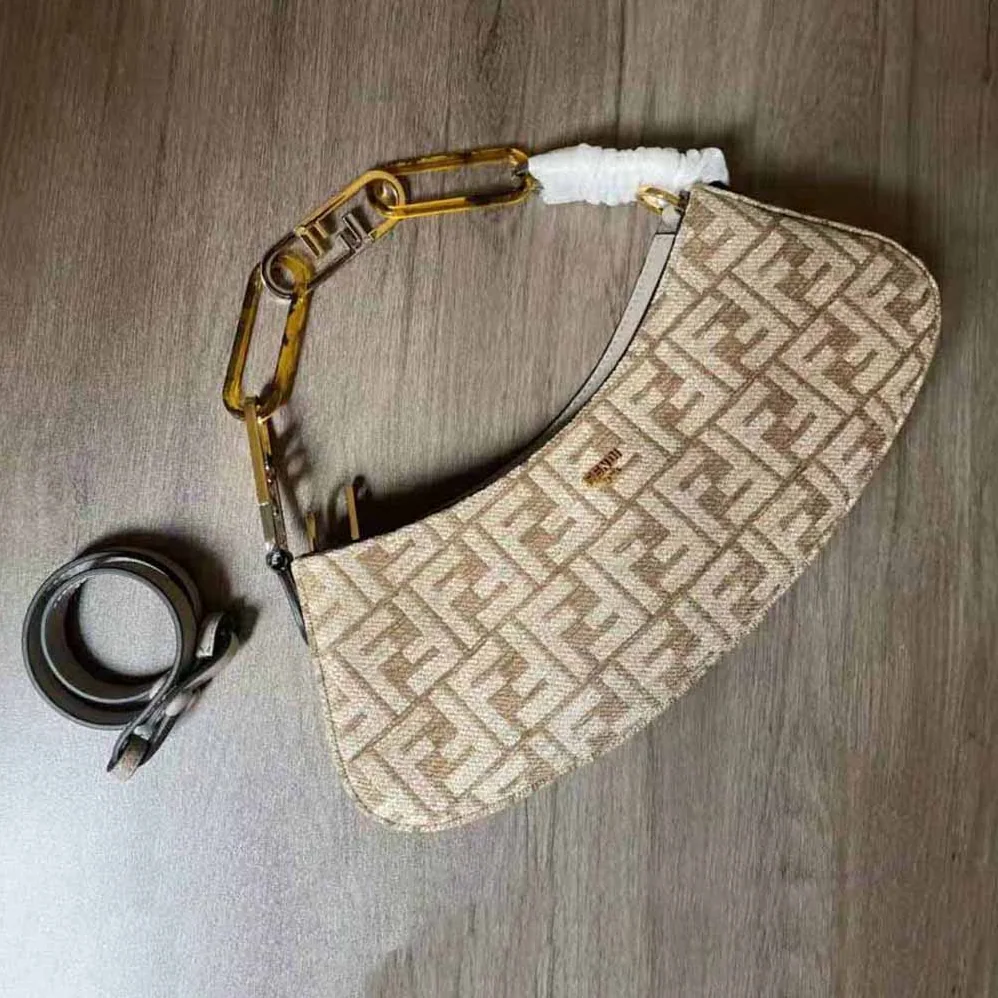 Fendi O'Lock Swing Dove Gray Tapestry Fabric Pouch for Women Fendi O'Lock Swing Dove Gray Tapestry Fabric Pouch for Women
