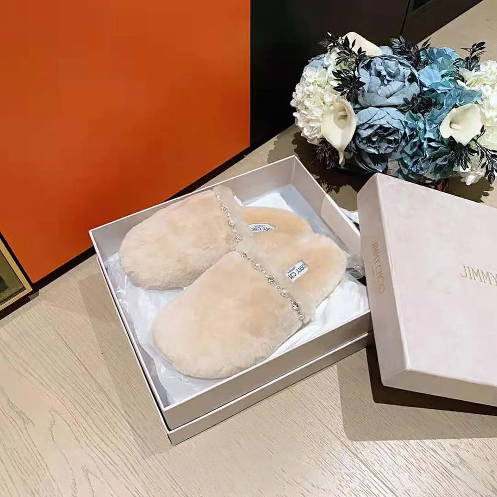 Jimmy Choo Aliette Flat Natural Shearling Slippers for Women in Beige