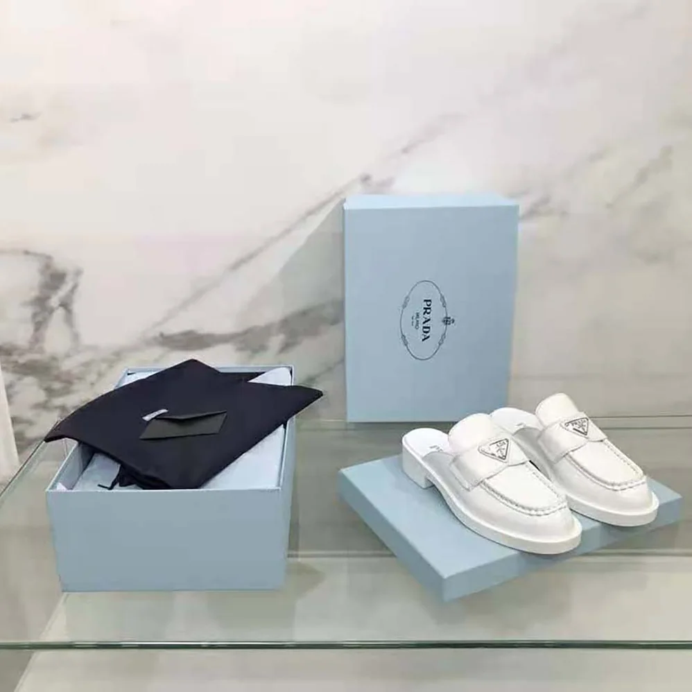 Prada Chocolate Brushed Leather Mules for Women in White Prada Chocolate Brushed Leather Mules for Women in White