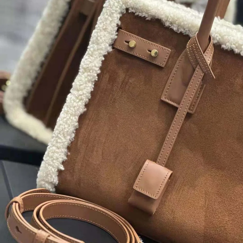Saint Laurent YSL Sac De Jour Thin Large in Shearling and Suede for Men in Brown