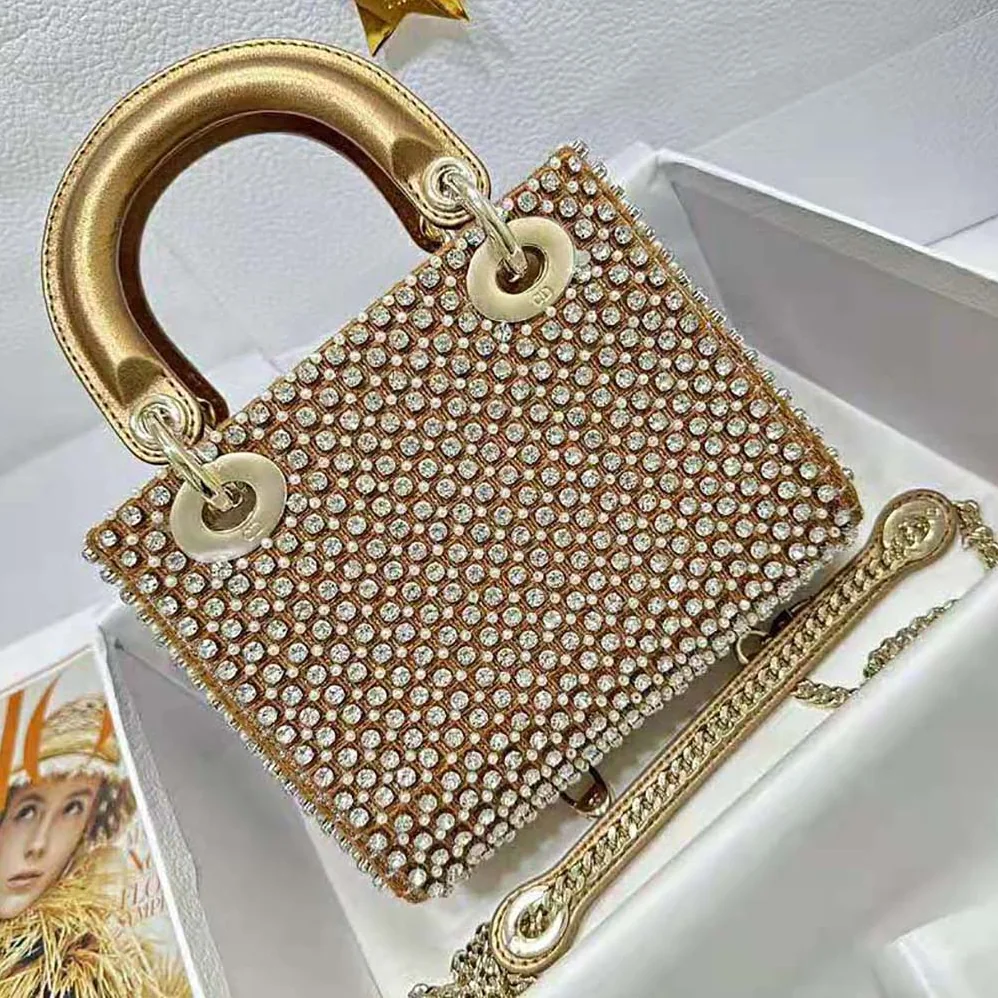 Dior Mini Lady Dior Bag Square-Pattern Embroidery Set with Strass and White Round Beads for Women Dior Mini Lady Dior Bag Square-Pattern Embroidery Set with Strass and White Round Beads for Women