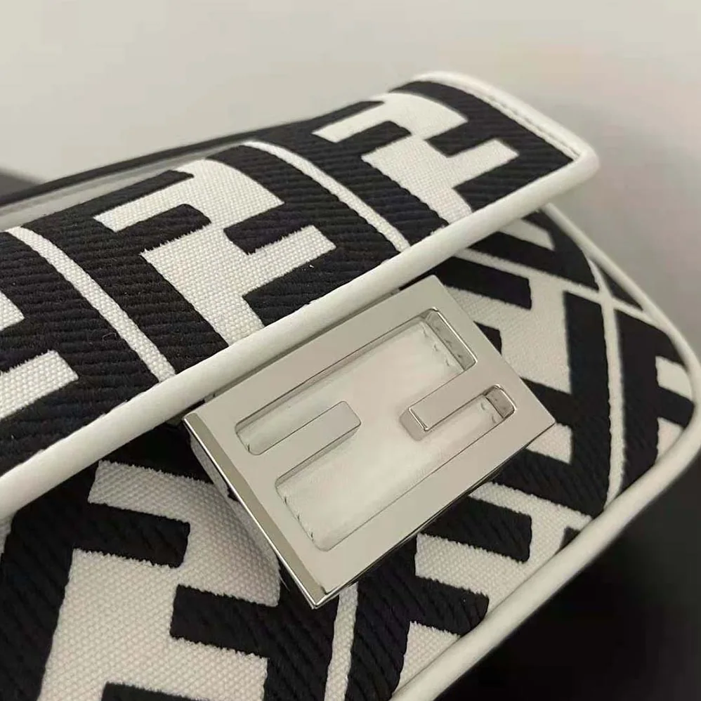 Fendi Baguette Mini White and Black Canvas Bag with FF Embroidery for Women Fendi Baguette Mini White and Black Canvas Bag with FF Embroidery for Women