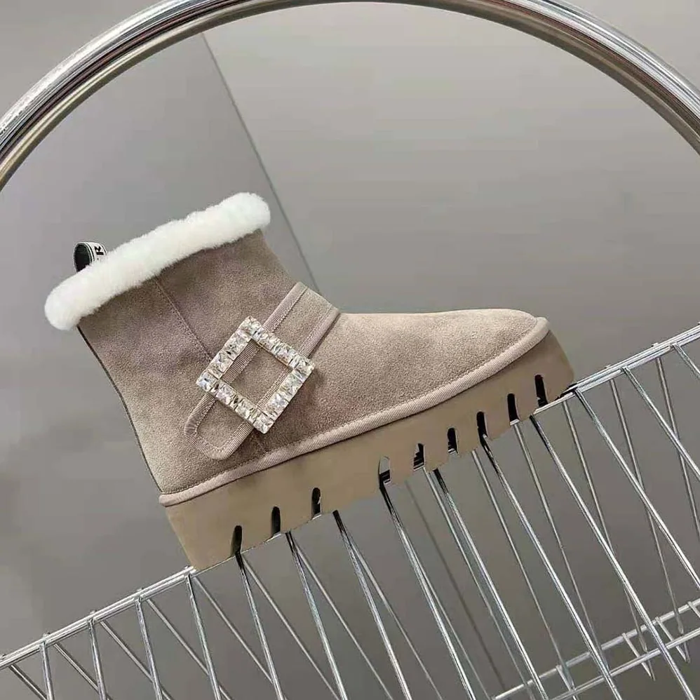 Roger Vivier Viv' Winter Fur Strass Buckle Ankle Boots in Suede for Women in Beige Roger Vivier Viv' Winter Fur Strass Buckle Ankle Boots in Suede for Women in Beige