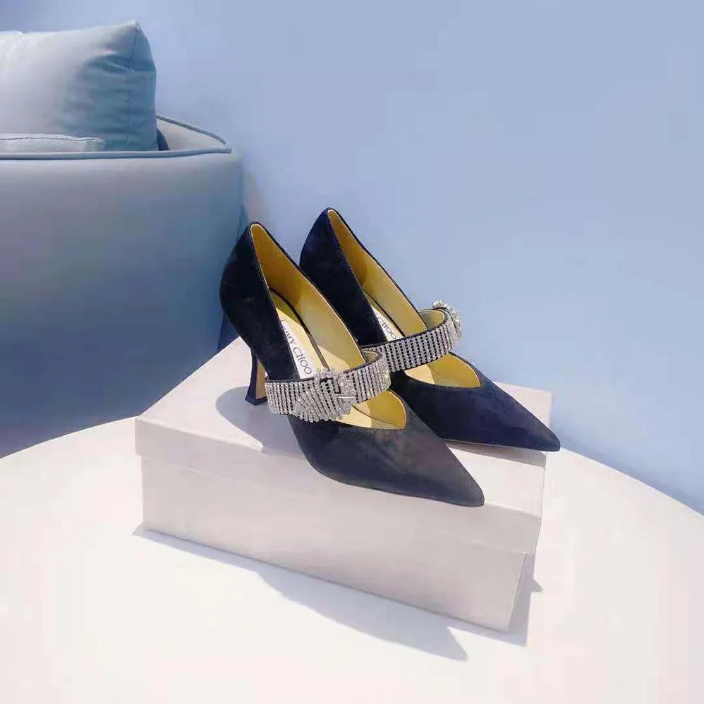 Jimmy Choo Kari 90 Black Suede Pumps with Crystal for Women in Embellished Strap Jimmy Choo Kari 90 Black Suede Pumps with Crystal for Women in Embellished Strap