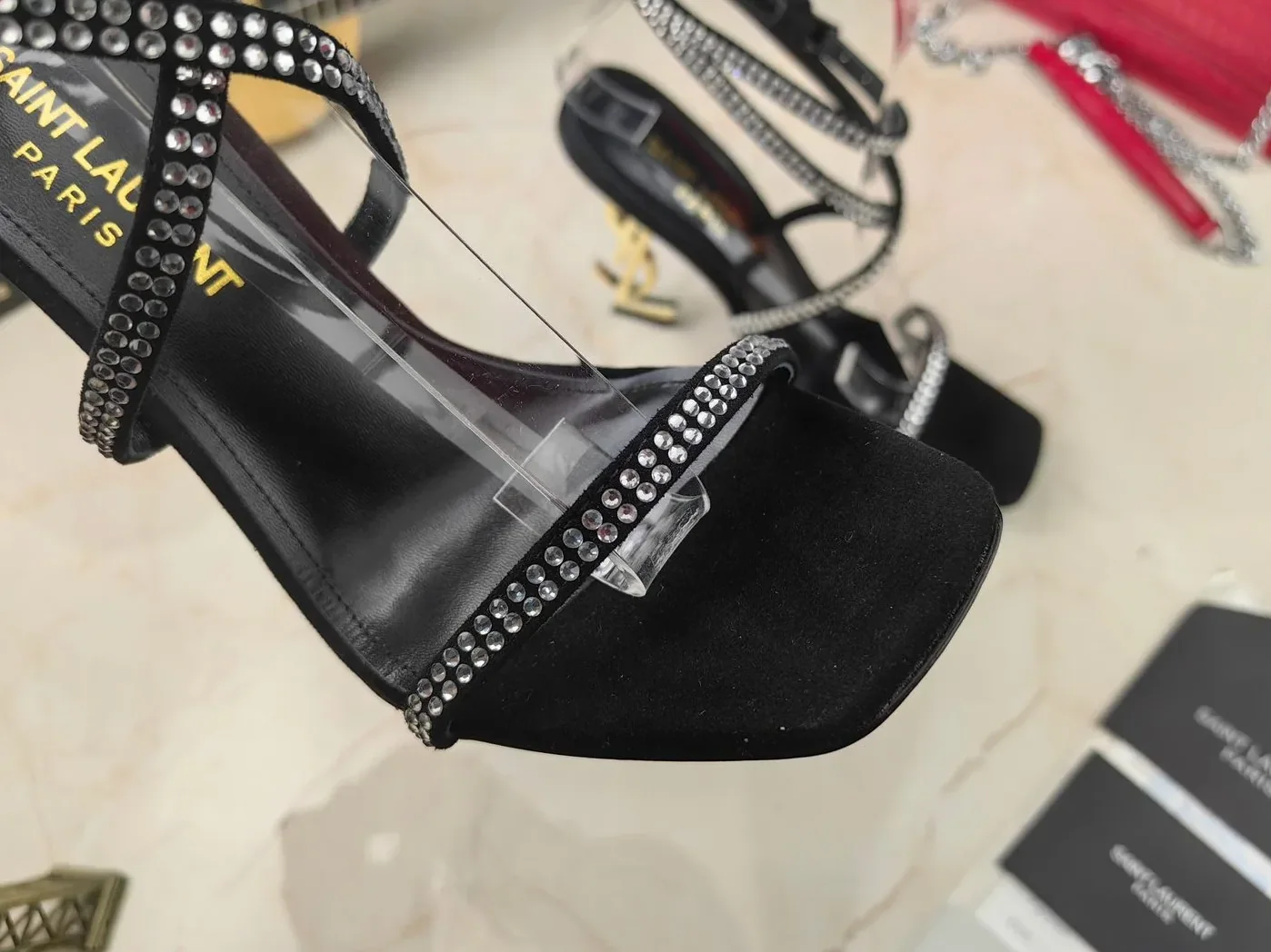 Saint Laurent Opyum Sandals In Crepe Satin And Rhinestones Black Saint Laurent Opyum Sandals In Crepe Satin And Rhinestones Black
