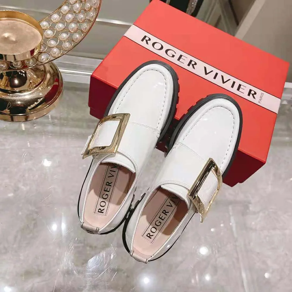 Roger Vivier Viv' Go-Thick Metal Buckle Loafers in Patent Leather for Women in White Roger Vivier Viv' Go-Thick Metal Buckle Loafers in Patent Leather for Women in White