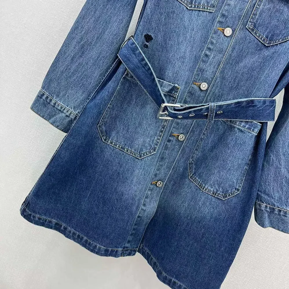Dior Long Belted Jacket Blue Stonewashed Cotton Denim with Dior Oblique Interior for Women