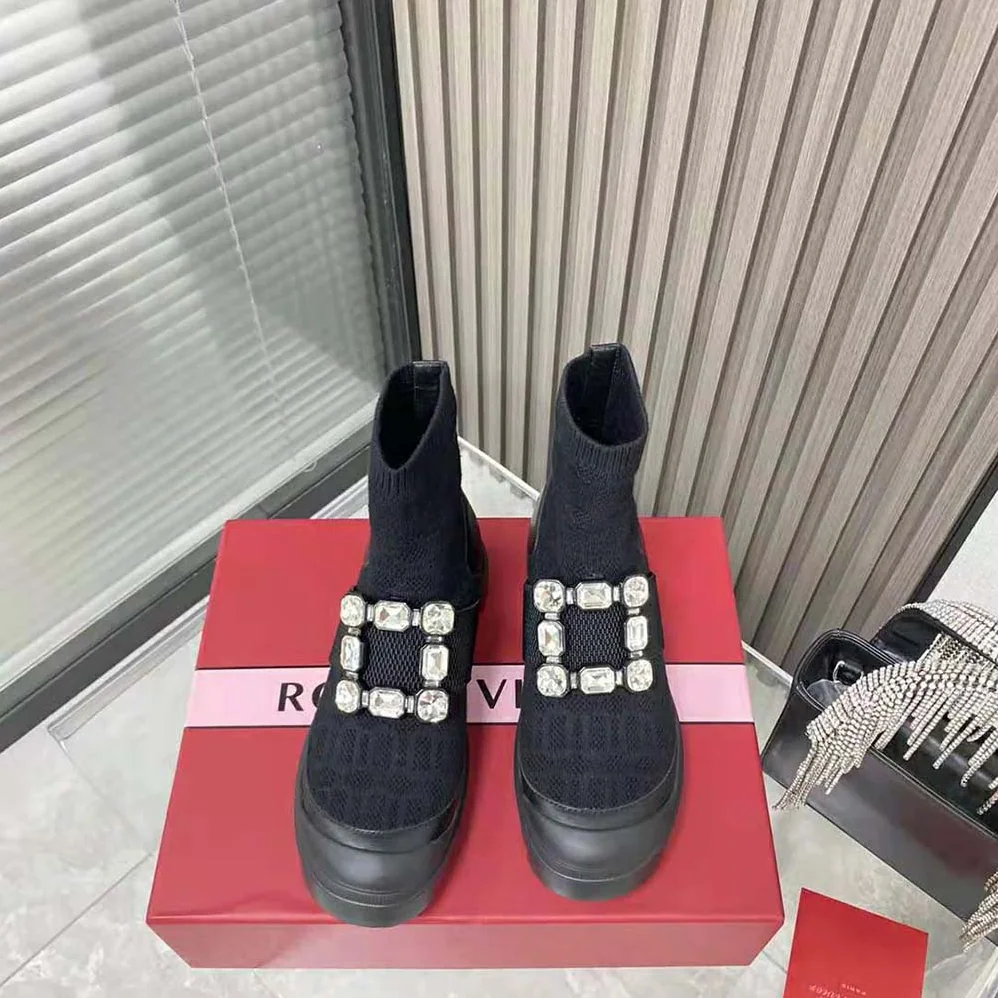 Roger Vivier Walky Viv' Rhinestone Buckle Socks Ankle Boots in Fabric for Women in Black Roger Vivier Walky Viv' Rhinestone Buckle Socks Ankle Boots in Fabric for Women in Black