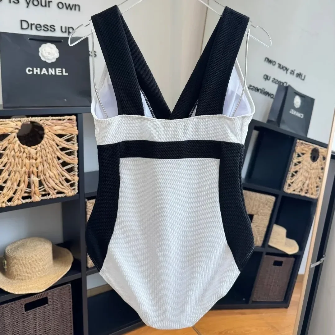 Chanel Color-Block Textured One in Piece Swimsuit Black/ White