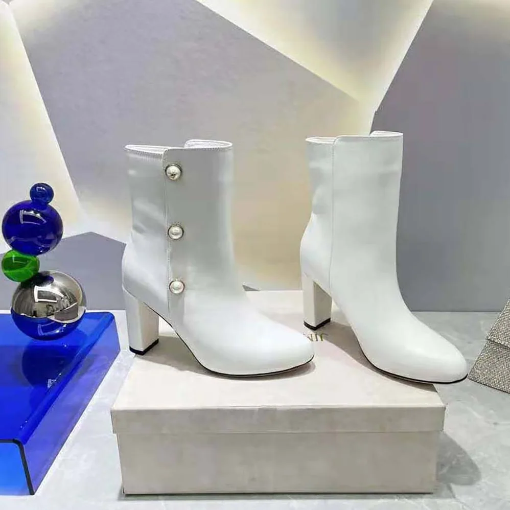 Jimmy Choo Rina 85 Latte Nappa Leather Mid for Women in Calf Boots with Pearls Jimmy Choo Rina 85 Latte Nappa Leather Mid for Women in Calf Boots with Pearls