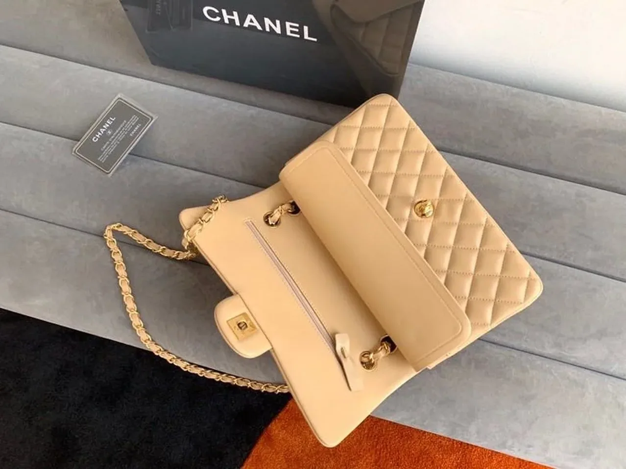 Chanel Classic Double Flap Bag Medium Crossbody in Beige Gold Hardware