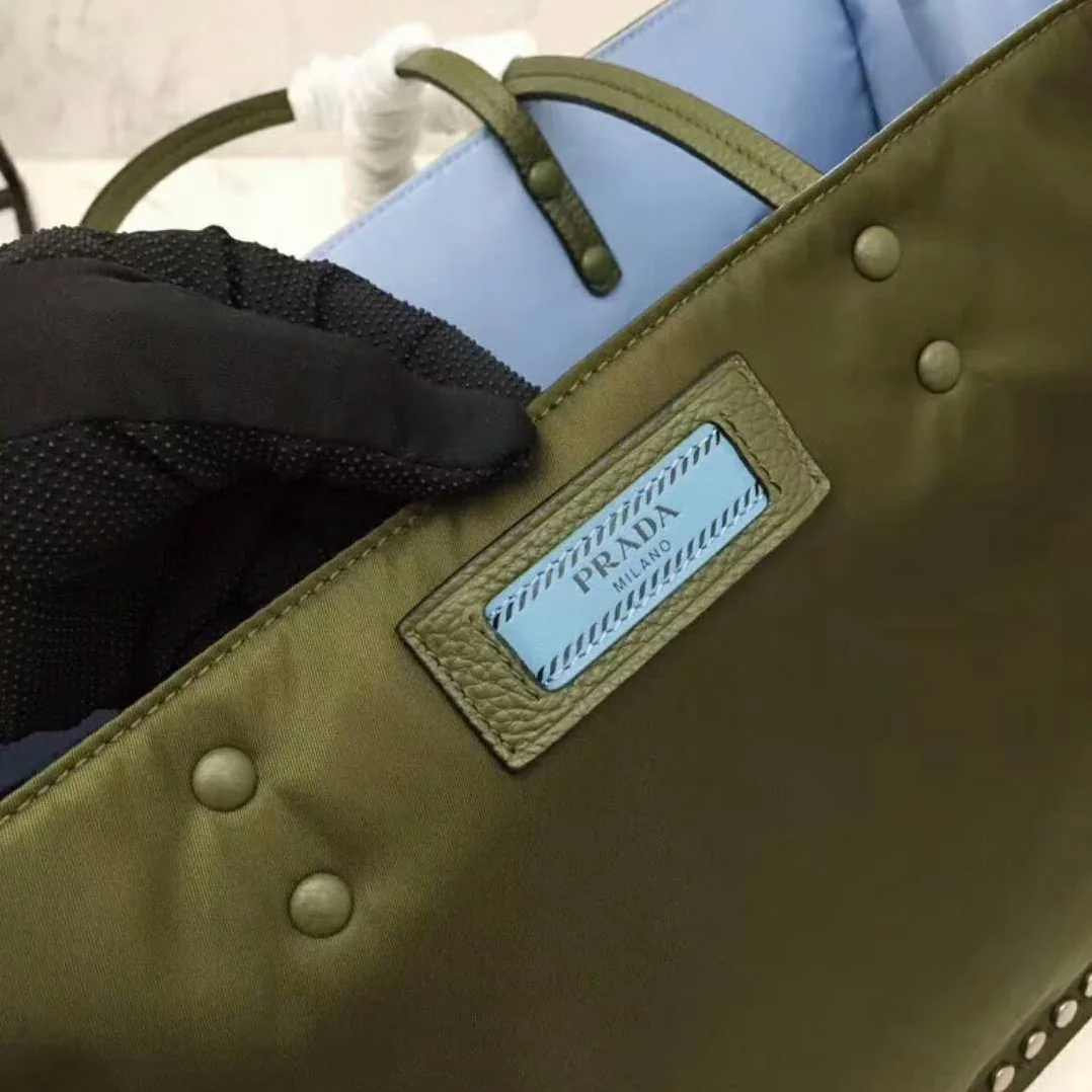 Prada Etiquette Fabric Tote with Metal Stud Trim in Olive Prada Etiquette Fabric Tote with Metal Stud Trim in Olive