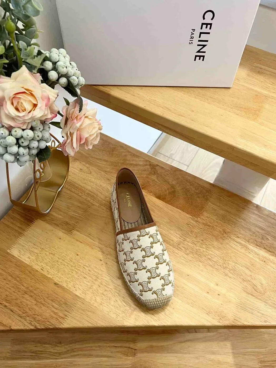 Celine Flat Espadrille With Triomphe In Triomphe Canvas White .01EC Celine Flat Espadrille With Triomphe In Triomphe Canvas White .01EC