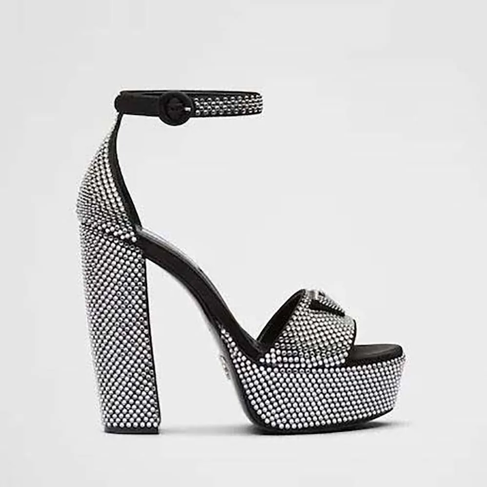 Prada Satin Platform Sandals with Crystals for Women in Black Prada Satin Platform Sandals with Crystals for Women in Black