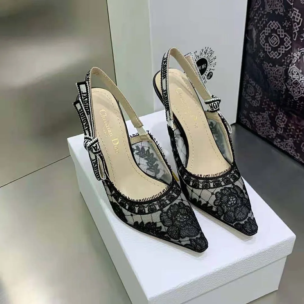 Dior J'Adior Slingback Pump Black Transparent Mesh Embroidered with Dior Roses Motif for Women