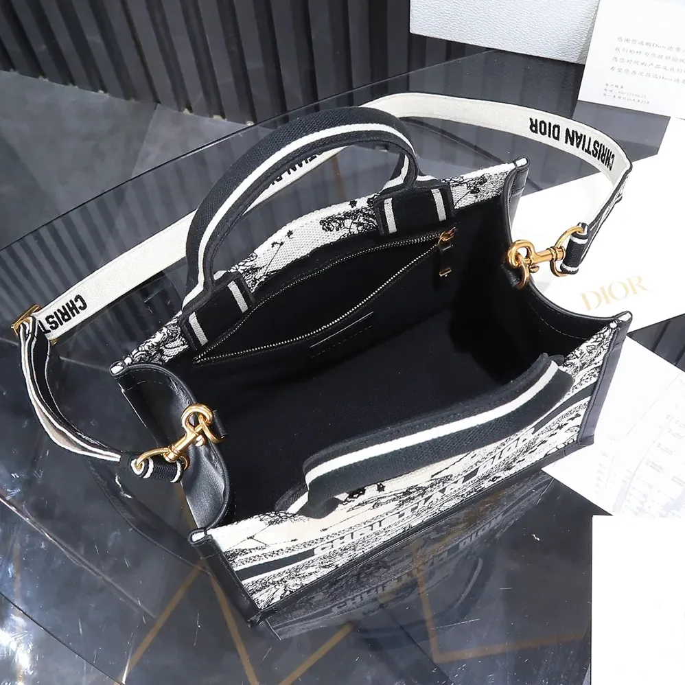 Dior Small Dior Book Tote Latte and Black Dior Zodiac Embroidery with Black Calfskin for Women Dior Small Dior Book Tote Latte and Black Dior Zodiac Embroidery with Black Calfskin for Women
