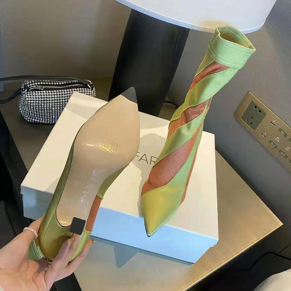 Jimmy Choo Mugler Sock Ankle Boot Neon Yellow and Nude Sheer Spiral Stretch Fabric for Women Jimmy Choo Mugler Sock Ankle Boot Neon Yellow and Nude Sheer Spiral Stretch Fabric for Women