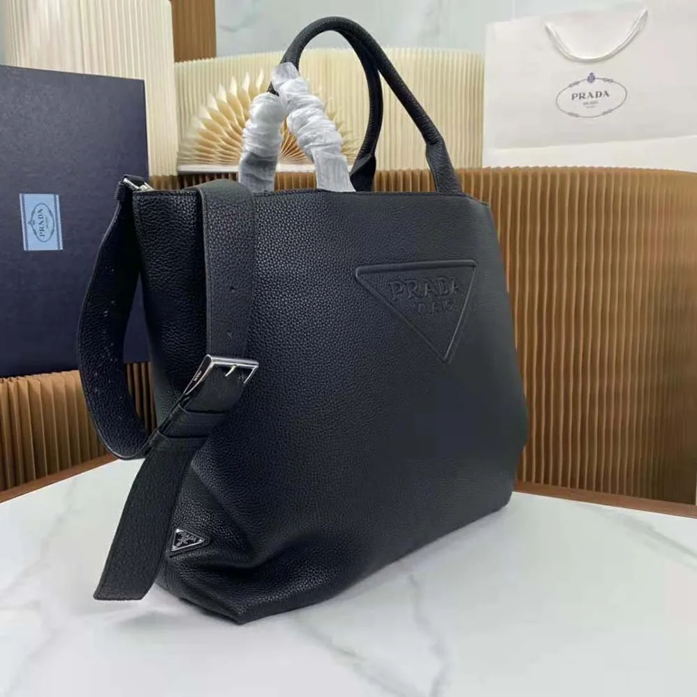 Prada Leather Tote with Enameled Metal Triangle Logo for Men in Black Prada Leather Tote with Enameled Metal Triangle Logo for Men in Black